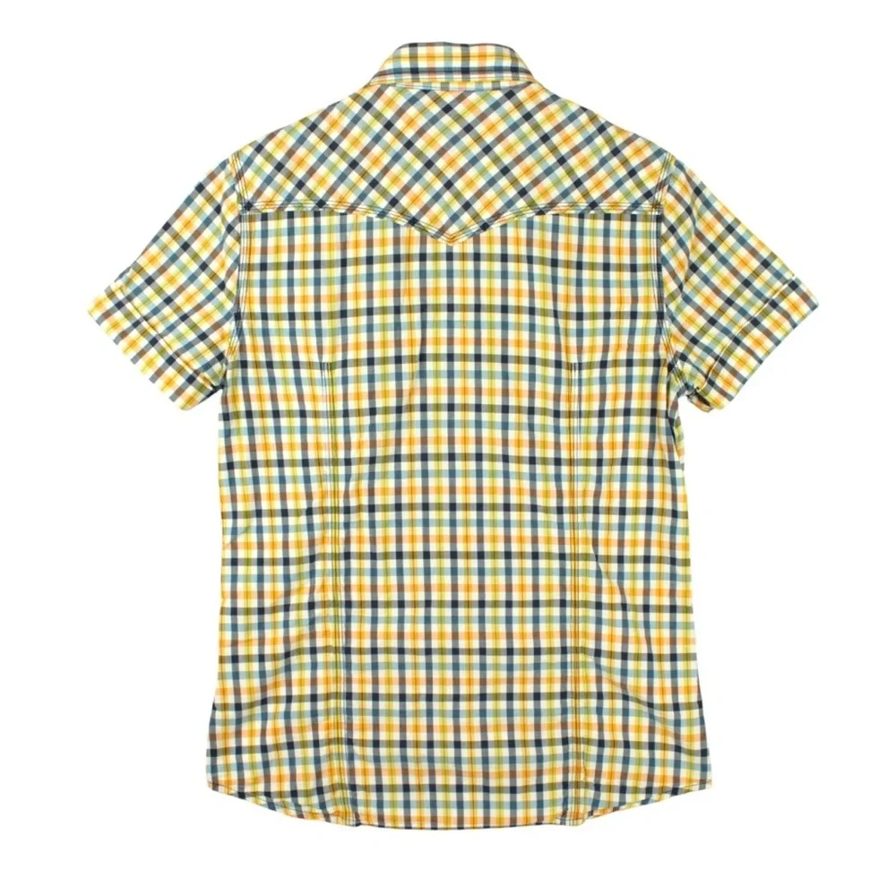 True Religion Men Western Plaid Pearl Snap Short Sleeve Shirt size S Yellow
